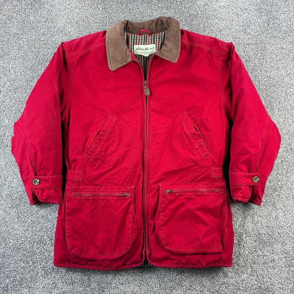 Vintage Eddie Bauer Barn Jacket Women's M Red Goose Down Fill Leather Trim Plaid